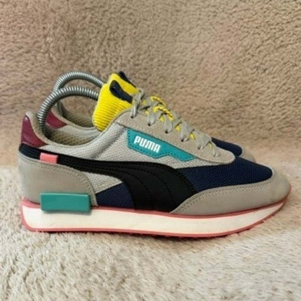 Puma Future Rider Play On Kids Sneakers Grey‎ Navy Yellow 375269-01 Size 5.5C